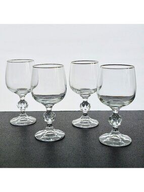 Vintage Polish Crystal Claudia Wine Glass, Set of 4, Platinum Band, Diamond Ball